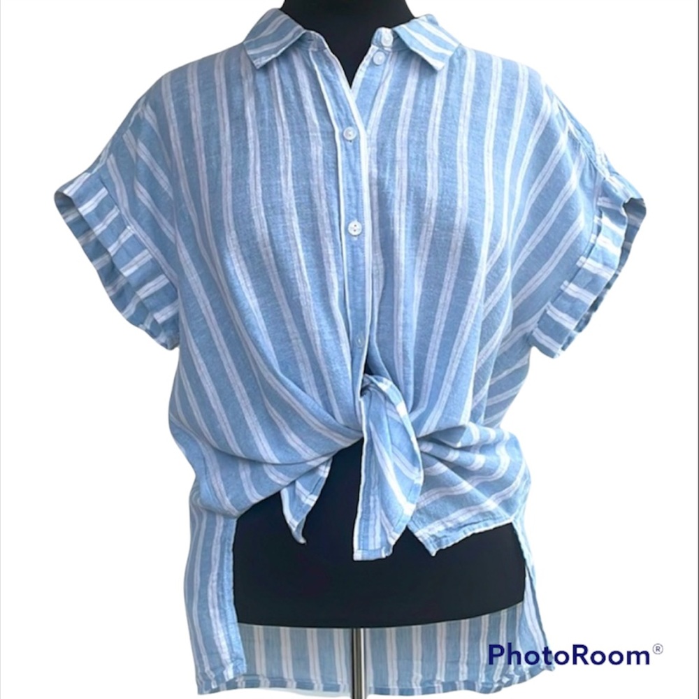 Anthropologie Sanctuary Mod Boyfriend Blue/White Stripe Linen Button Down Shirt